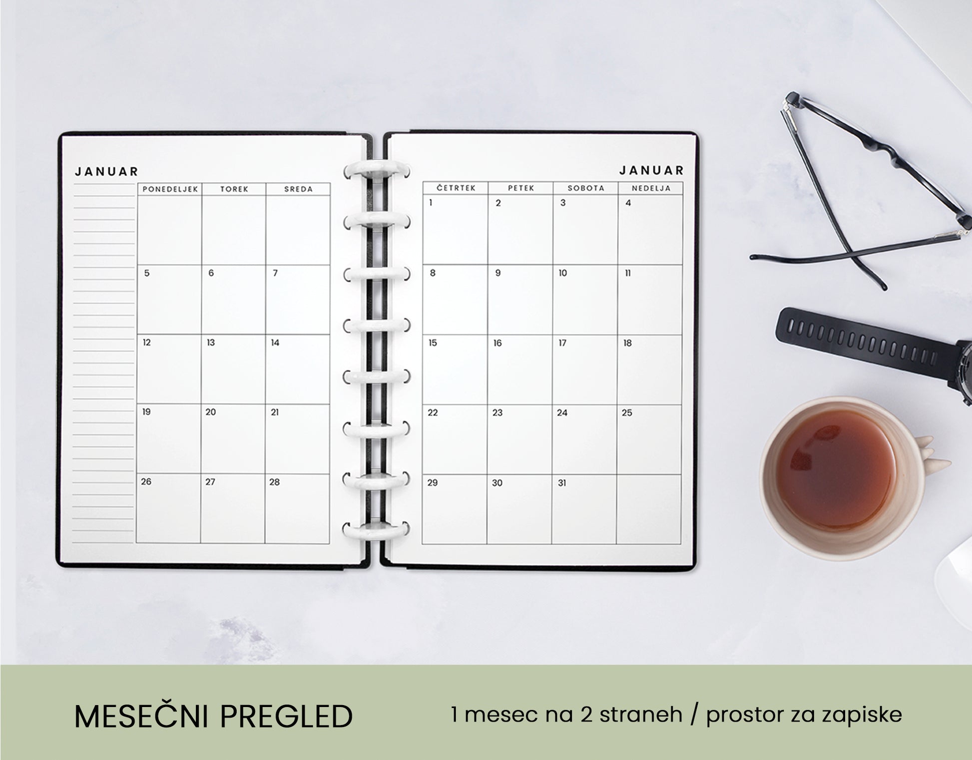 Letni planer 2026 - Mesečni pregled Obsidan hardcover