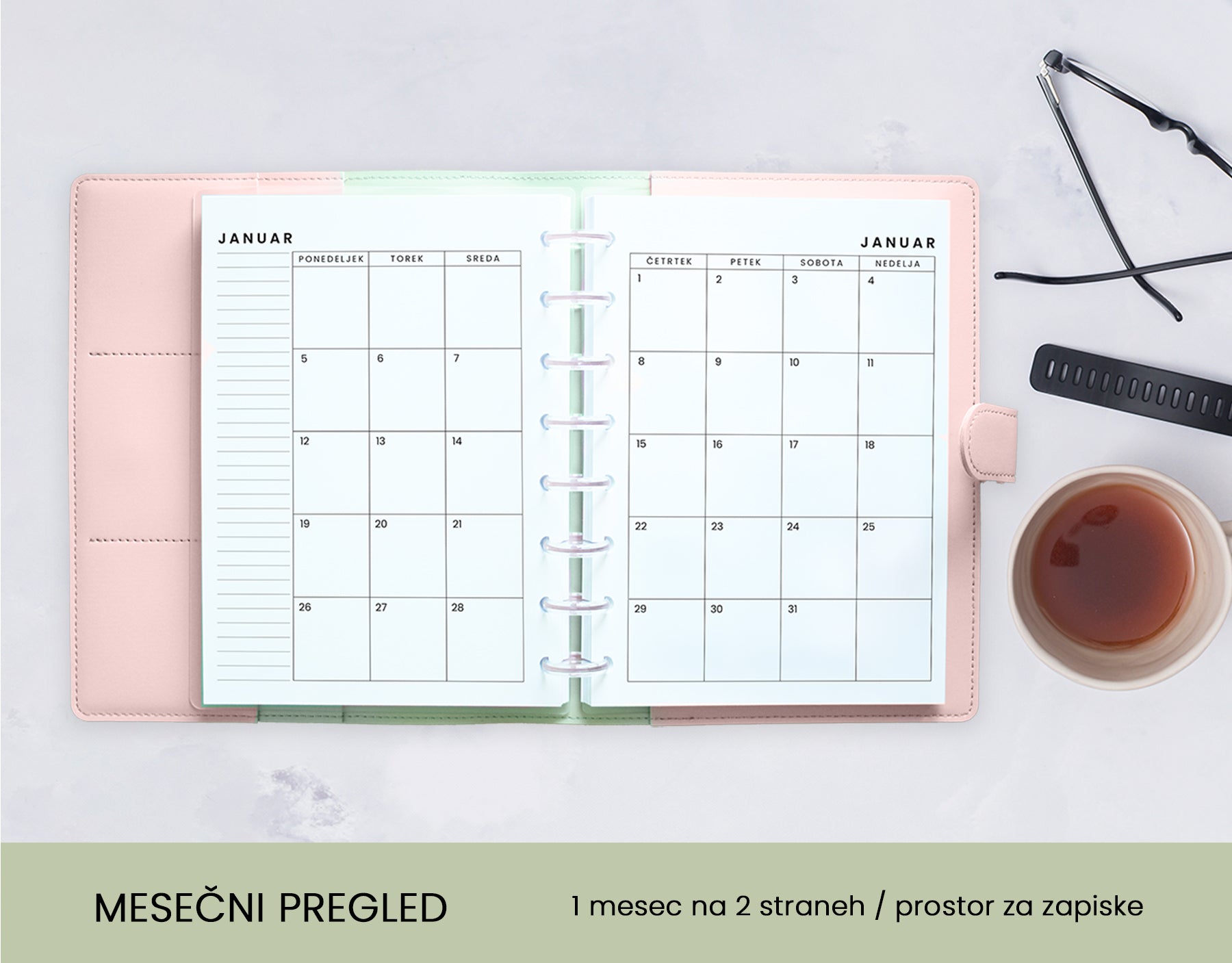 Letni planer 2026 - Mesečni pregled Rose sponka